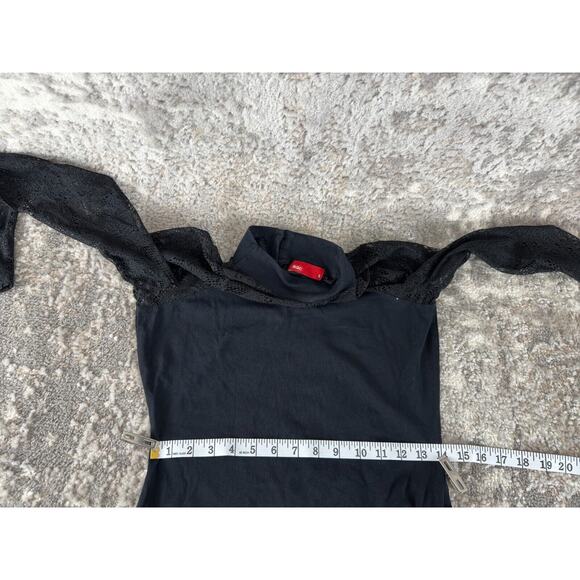 EDC Size S Mesh Keyhole Mock Neck Mini Sheath Dress Navy Long Sleeve Button - Picture 9 of 12